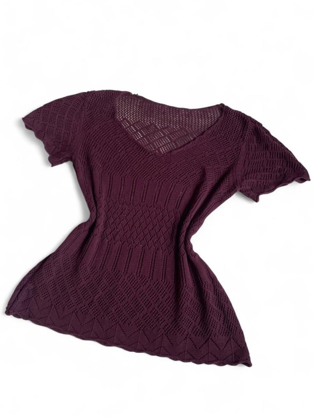 Dark Plum Purple Open Crochet Knit Short Sleeve V-Neck Top Unbranded